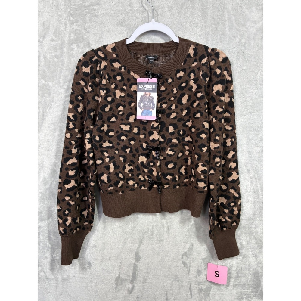 Express Women Leopard Animal Print Bow Cardigan Brown Beaded Puff Sleeve Small